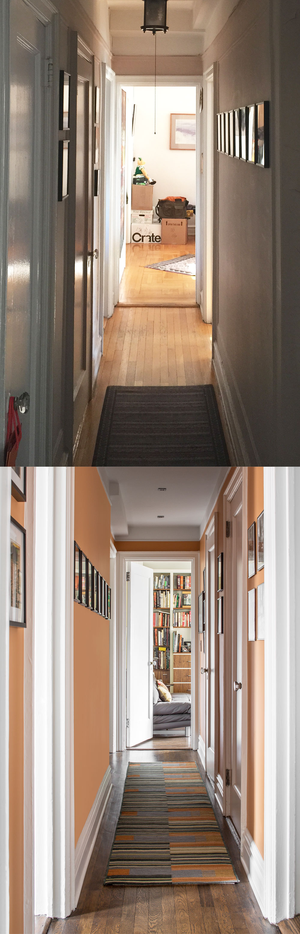before and after pictures of a renovated hallway