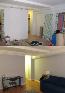 Before and after renovation pictures of an apartment bedroom