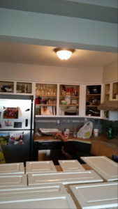 Kitchen cabinet doors on a countertop