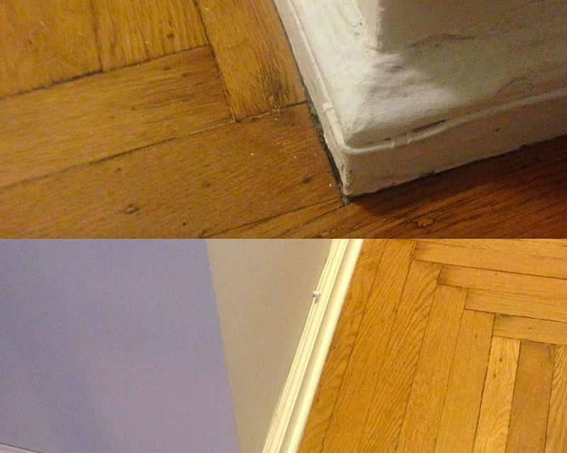 Before and After shots of Baseboard trim repair