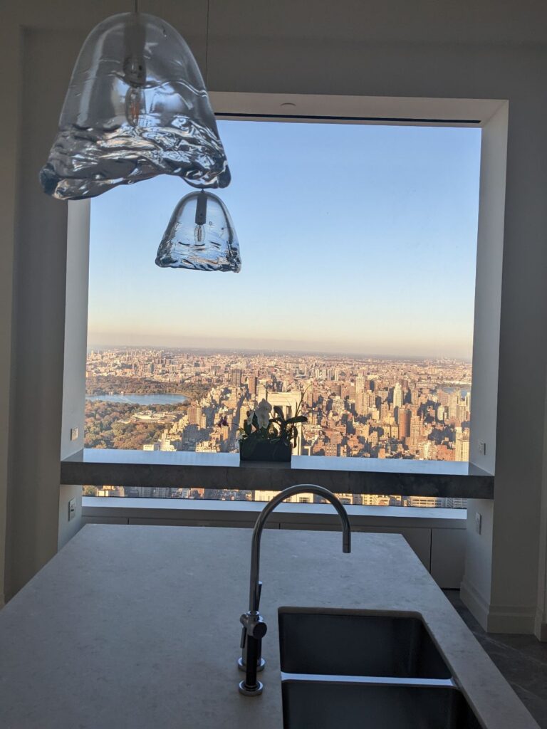 Kitchen in Manhattan with a window overlooking the skyline