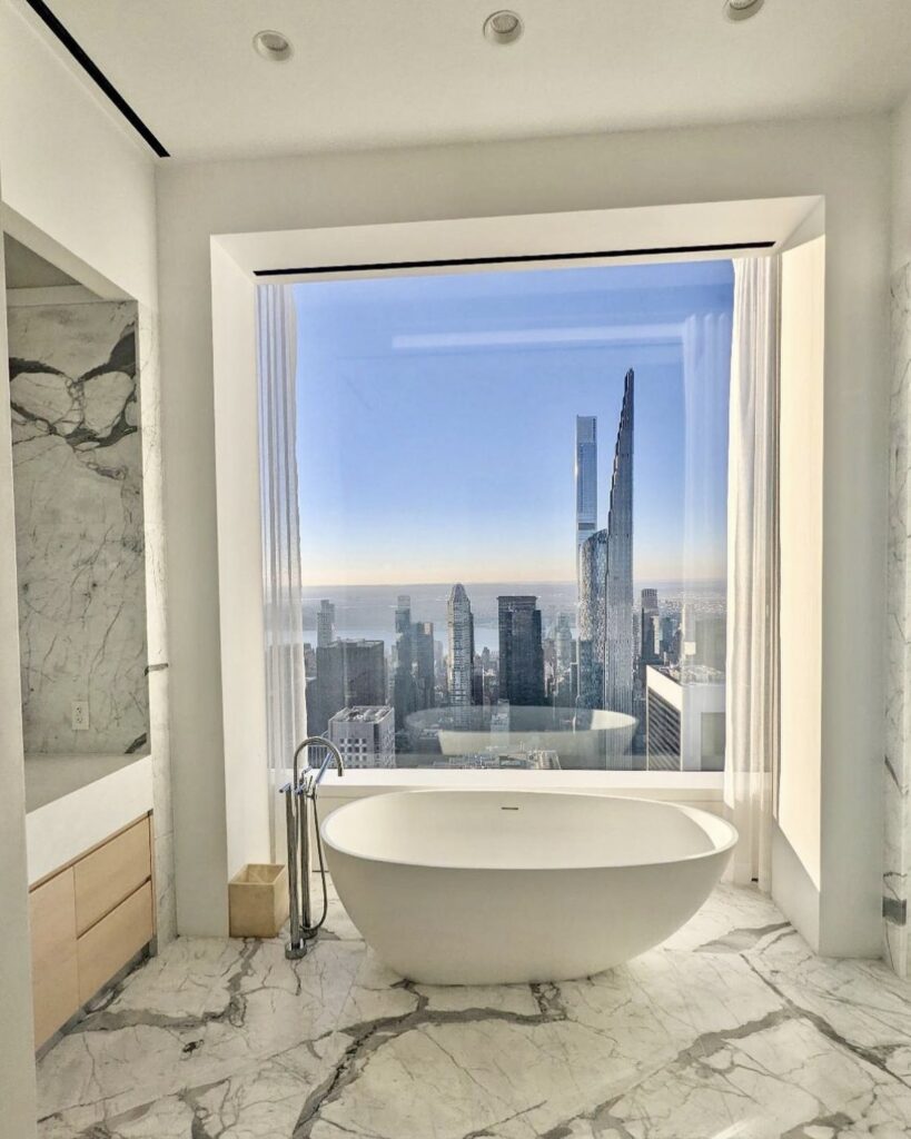 Picture taken in a bathroom in New York City overlooking the Freedom Tower