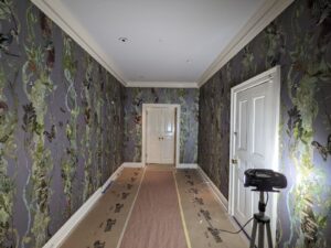 Looking down a hallway with an elaborate wallpaper installation